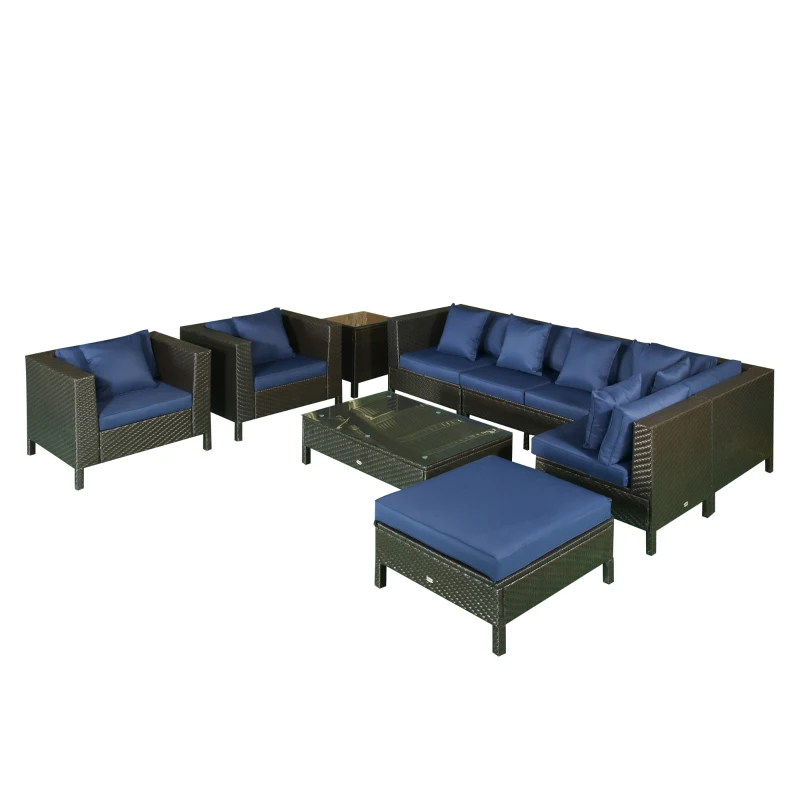 Outsunny Patio Furniture Set, 9 Piece Outdoor Sectional Sofa, All-Weather PE Rattan Wicker Conversation Set with Chairs, Ottoman, Loveseat, Coffee and Side Table, Cushions, Navy Blue