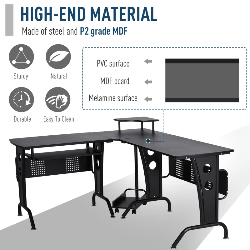 HOMCOM L-Shaped Corner Computer Office Desk Workstation with Elevated Shelf, Rolling Keyboard Tray, & Convenient CPU Stand, Black