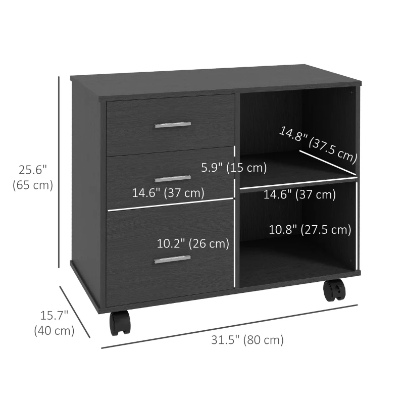 HOMCOM Modern Lateral Filing Cabinet, 3 Drawer File Cabinet for Letter and A4 Size Documents, Mobile, Printer Stand with Open Shelves, Rolling Wheels, Black