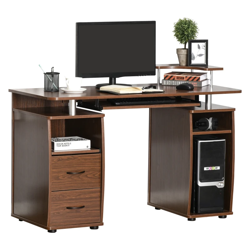 HOMCOM Multi-Function Computer Desk Home Office Workstation with Sliding Keyboard Tray, Elevated Shelf, Drawers and CPU Stand, Brown