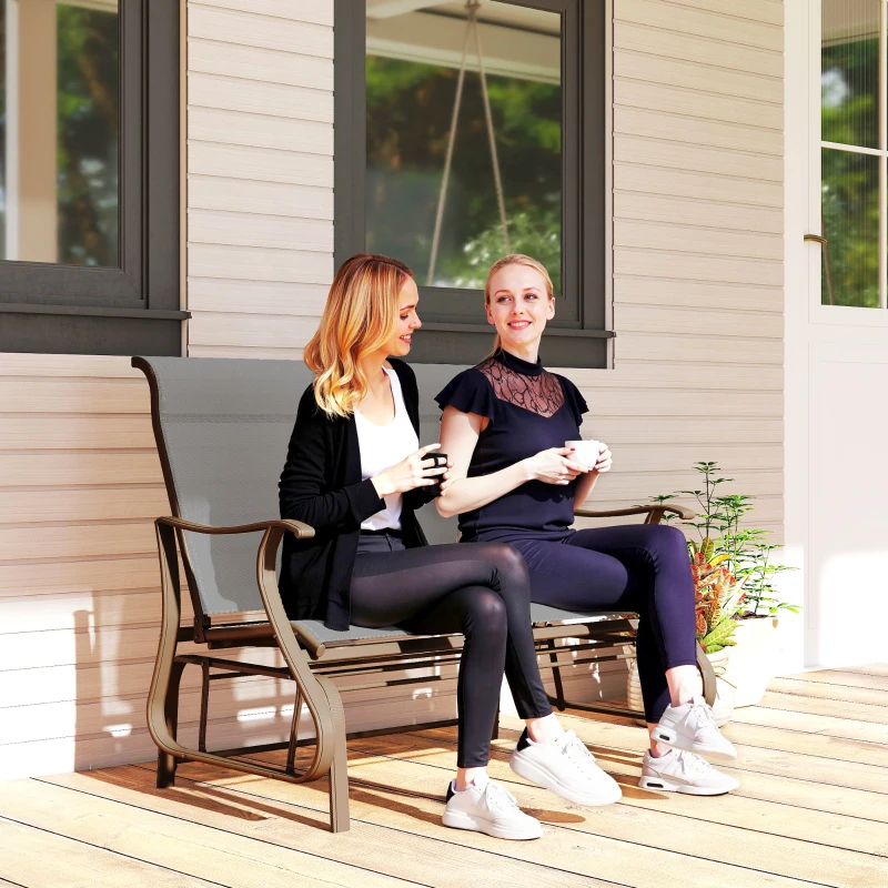 Outsunny Garden Double Gliding Chair, Patio Glider Armchair for Outdoor, Backyard Mesh Seat and Backrest, Steel Frame, Light Grey