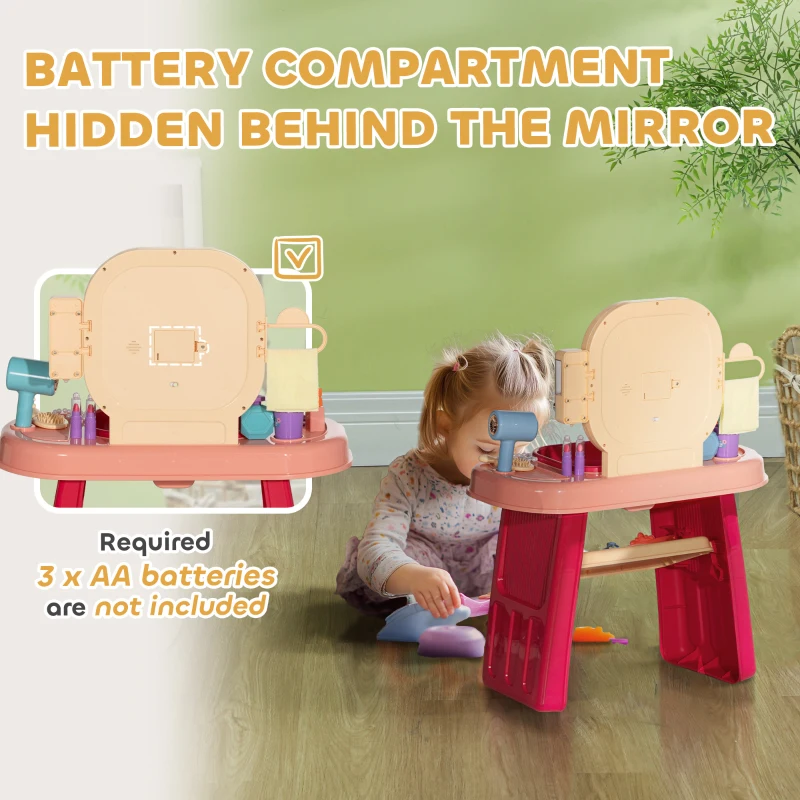 Qaba Kids Vanity Set with Mirror, LED Light, Music, 23 Accessories, Pretend Play Set for Girls 3-6 Years, Pink