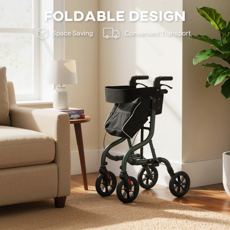 HOMCOM Foldable Rollator Walker with Seat for Seniors, Lightweight Rolling Walker with Adjustable Handles, Green