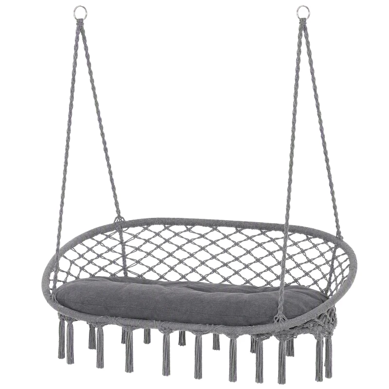 Outsunny Patio Hammock Chair 2 Seat, Hanging Rope Hammock Swing Chair with Metal Frame and Cushion, Large Macrame Seat for Indoor and Outdoor 396 lbs Capacity, Dark Grey