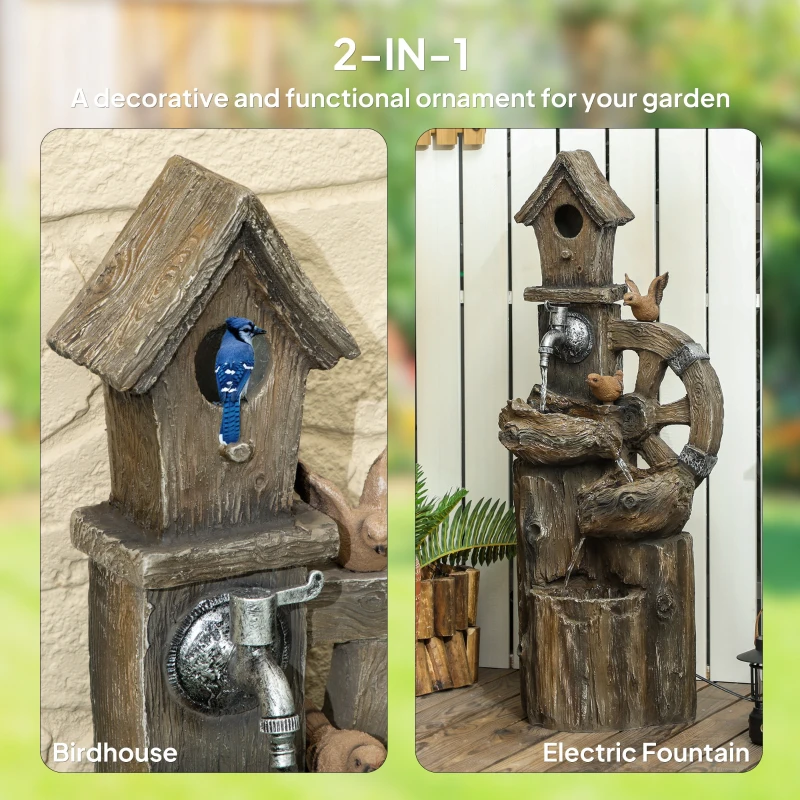 Outsunny 2-in-1 Outdoor Water Fountain with Birdhouse, Outdoor Waterfall, 13.6" L x 11.6" W x 36.2" H Mixed Colour