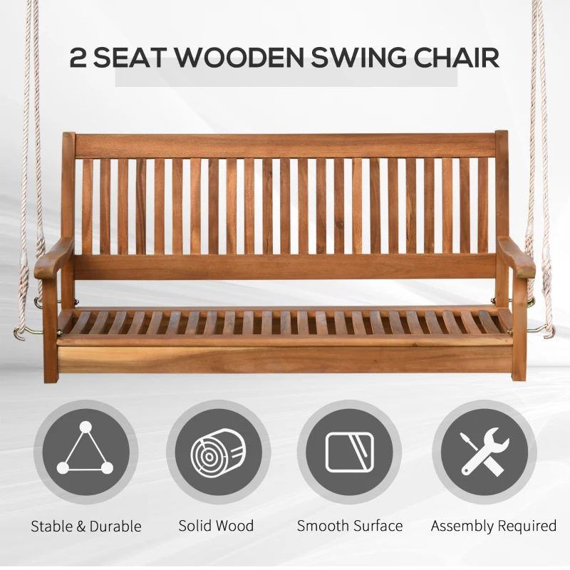 Outsunny 48'' 2-Seater Hanging Porch Swing, Outdoor Patio Wooden Swing Bench w/ Ropes, Slatted Design, 700 lb Weight Capacity, Natural