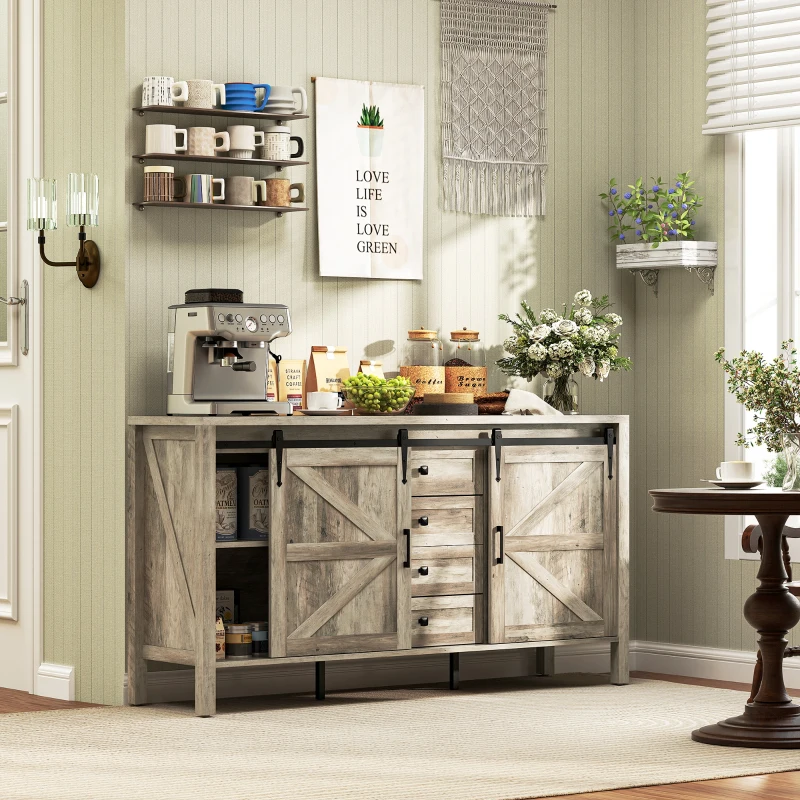 HOMCOM 59" Buffet Cabinet, Farmhouse Sideboard with Thick Top, 2 Barn Doors, 4 Drawers and 2 Adjustable Shelves, Gray Wash