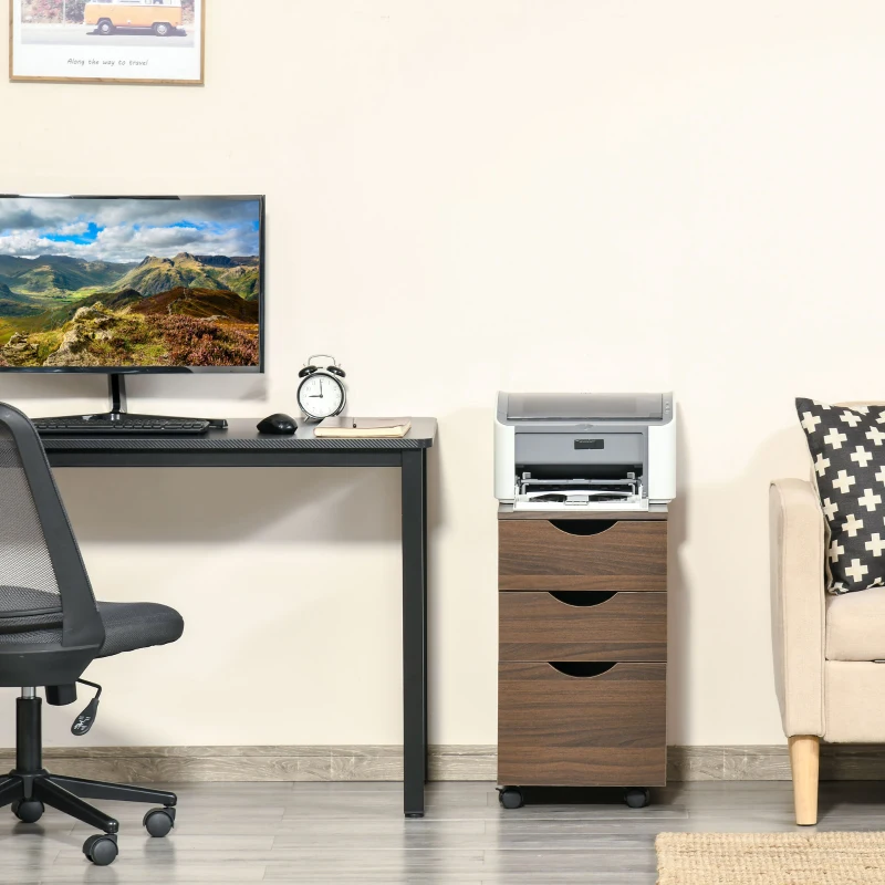 HOMCOM 3 Drawer Mobile File Cabinet with Wheels, Wood Filing Cabinet for Home Office, Rolling Under Desk Cabinet, Brown Wood Grain