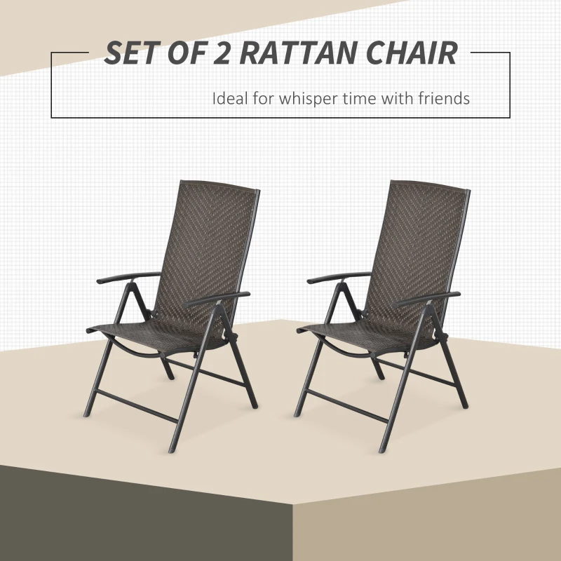 Outsunny Set of 2 Rattan Wicker Patio Dining Chairs with  Backrest Adjustable and Folding Design, Outdoor Recliner Set for Garden, Backyard, Lawn, Balcony, Mixed Gray
