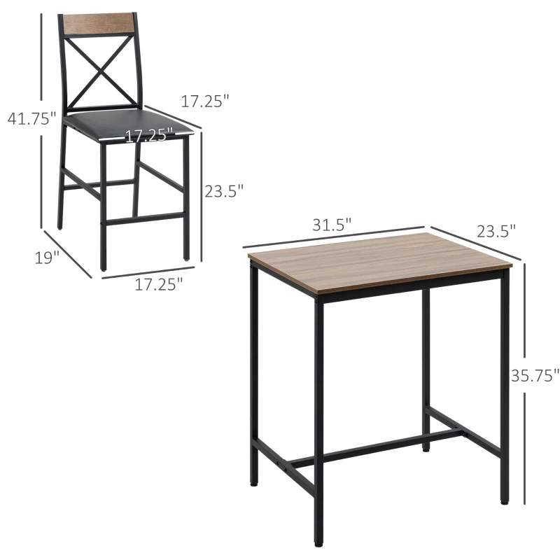 HOMCOM 3 Piece Bar Table and Chairs Set, Dining Table Set with PU Padded Stools and Steel Frame for Kitchen, Small Spaces, Brown
