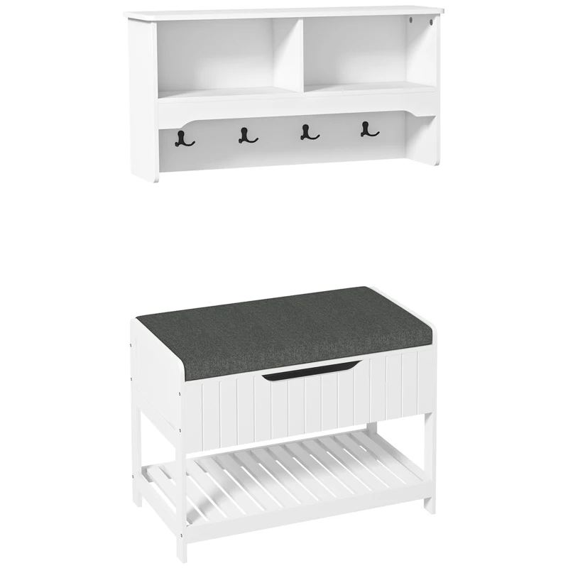 HOMCOM Wall Mounted Coat Rack with Shoe Storage Bench, Hall Tree and Bench, Clothes Hanger Rack with Shelves for Hallway White