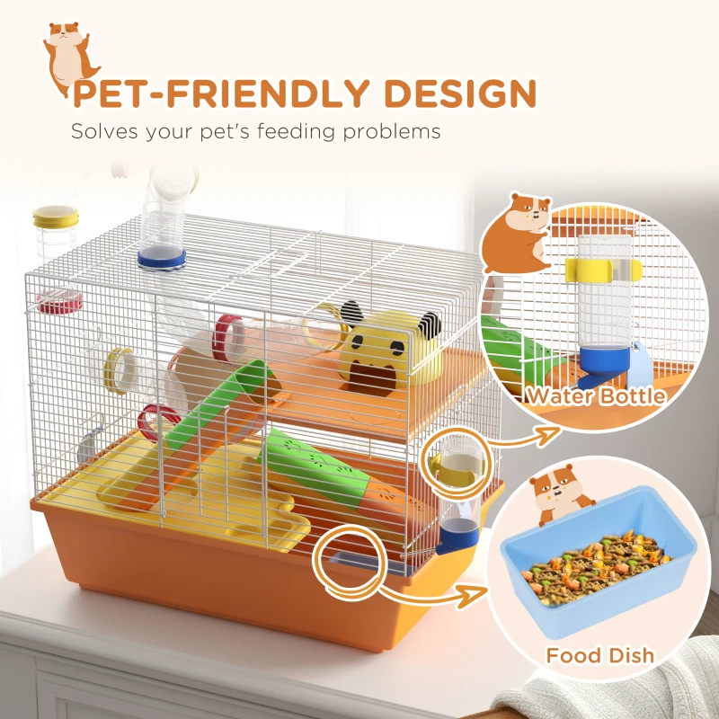 PawHut 3 Tiers Hamster Cage for Gerbil, Dwarf Hamster with Tunnels, Water Bottle, Exercise Wheel, 18" x 11" x 15" - Orange