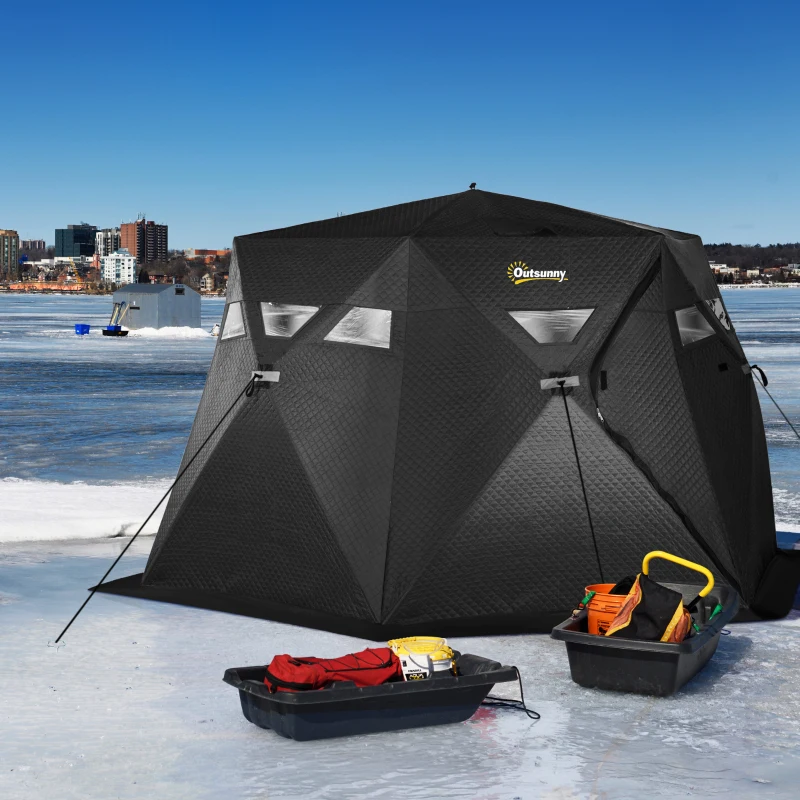 Outsunny 4 Person Insulated Pop-Up Ice Fishing Shelter, 360-Degree View, Portable Ice Fishing Tent Shanty with Carry Bag, Two Doors and Anchors for Low-Temp -22℉, Black