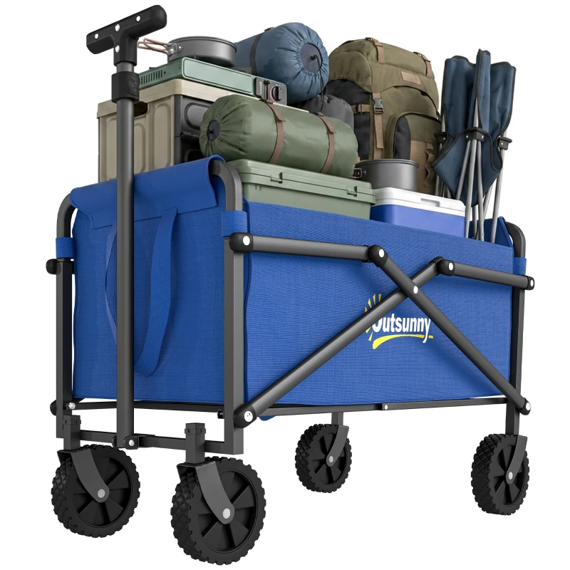 Outsunny Small Collapsible Folding Garden Cart, Heavy Duty Lawn Wagon with Universal Wheels and Adjustable Handle, Blue