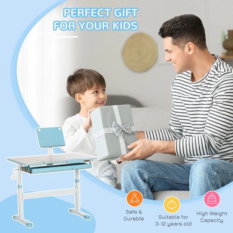 Qaba Kids Desk, Height Adjustable Children School Study Table, Student Writing Desk with Tilt Desktop, Drawer, Reading Board, Blue
