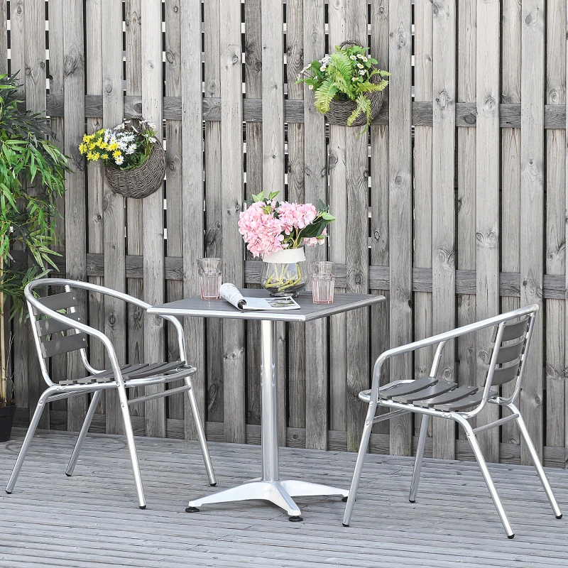 Outsunny 3-Piece Outdoor Patio Bistro Table Set with Aluminum Frame, Woodgrain-Style Tabletop & Draining Slat Design