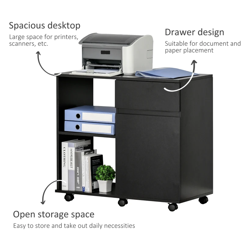 HOMCOM Printer Stand, Storage Cabinet with Drawer, Open Storage Shelves, for Home or Office Use, Black