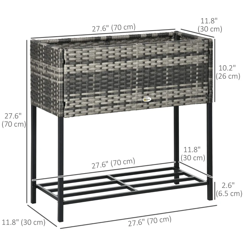 Outsunny Rattan Raised Garden Boxes, Elevated Flower Beds with Storage Shelf for Herbs, Flowers, Vegetables, Mixed Grey