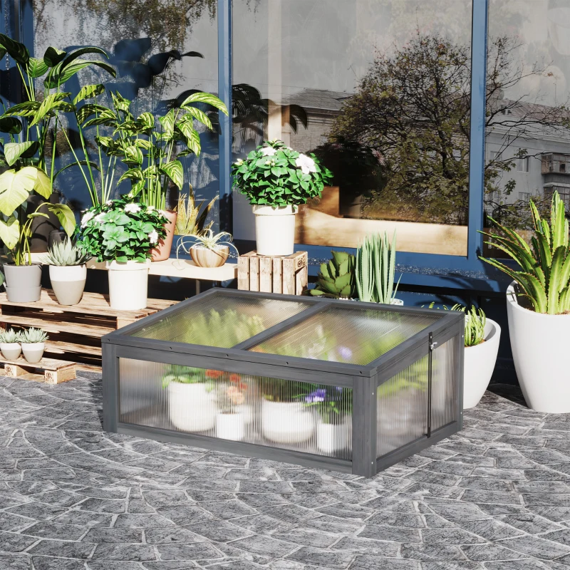 Outsunny Wooden Cold Frame Greenhouse, Mini Greenhouse with Polycarbonate Board and Solid Wood Frame, 39" x 26" x 16", Gray