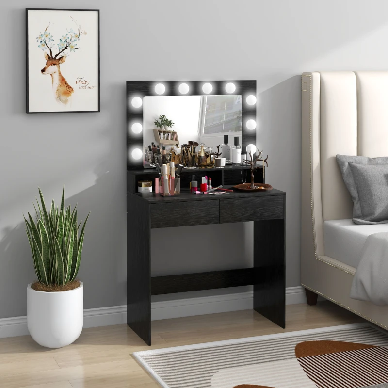 HOMCOM Vanity Table, Makeup Dressing Table with LED Lighting Mirror, Drawers, for Bedroom, Black