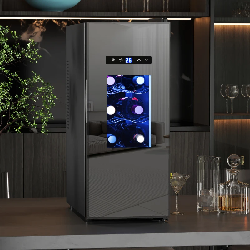 HOMCOM Wine Fridge, 12 Bottle, Under Counter Drinks Beer Wine Cooler with Glass Door, LED Light, Temperature Control