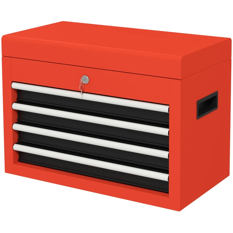 DURHAND Portable Tool Chest with 4 Drawers and Top Storage, Lockable Steel Tool Box with Latch and Keys for Garage, Red