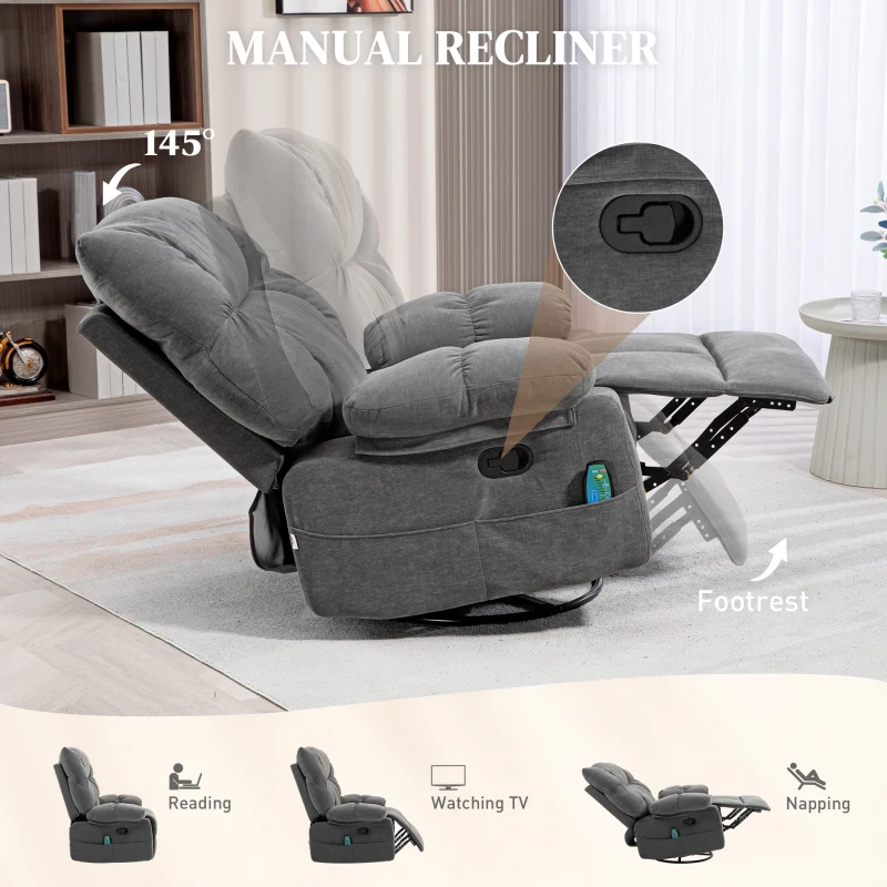 HOMCOM Reclining Massage Armchair with Heat, Oversized Swivel Rocker with Footrest Remote and 4 Side Pockets, Dark Gray