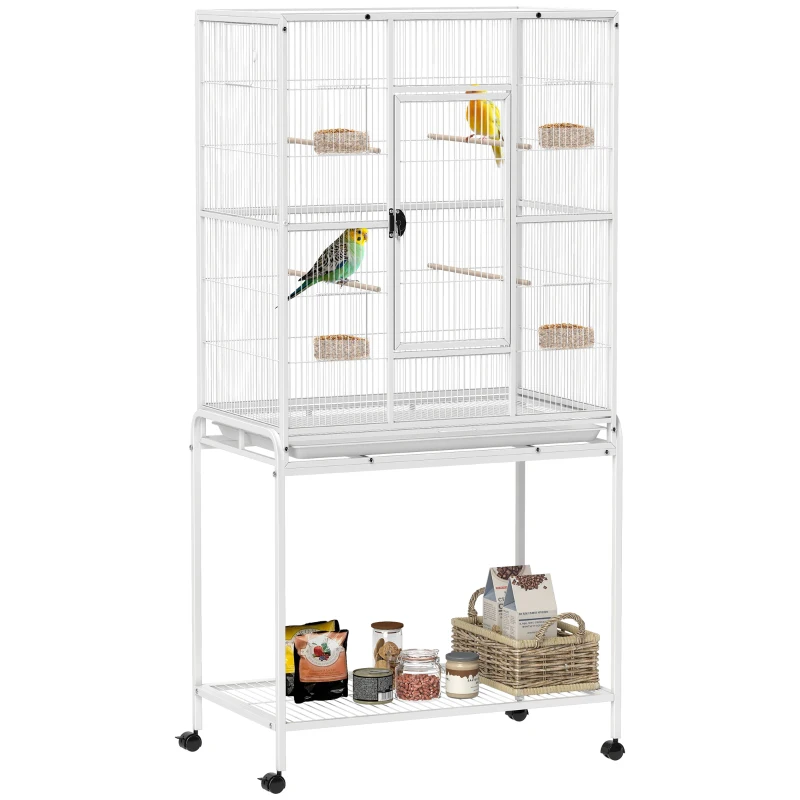 PawHut 64" Large Rolling Bird Cage Bird House with Detachable Rolling Stand, Storage Shelf, Wood Perch Food Container, White