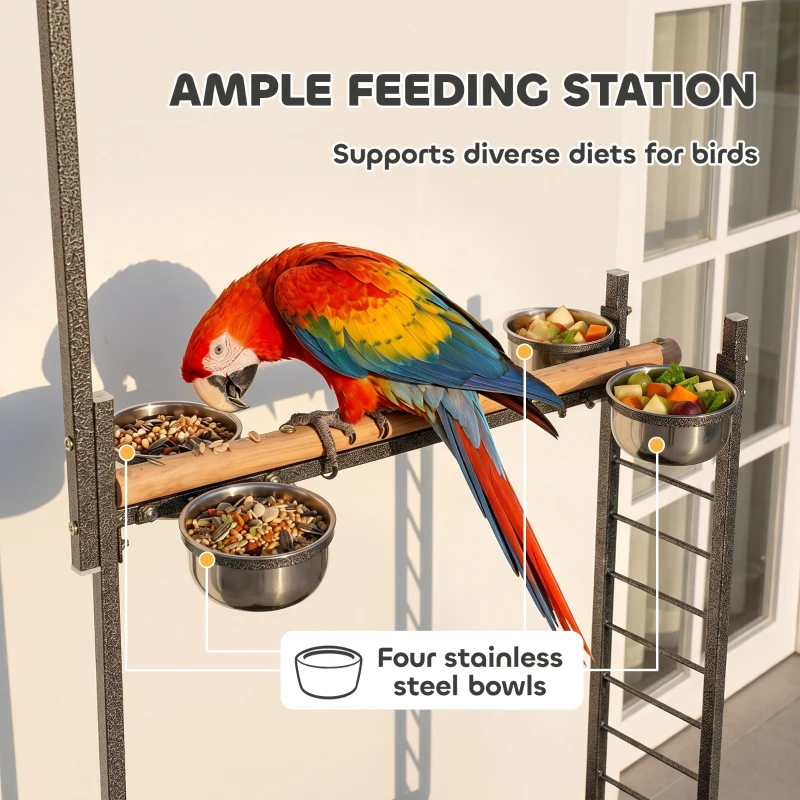 PawHut Bird Stand with Wheels Parrot Stand with Slide-out Tray Stainless Steel Bowls for Indoor Outdoor Dark Gray