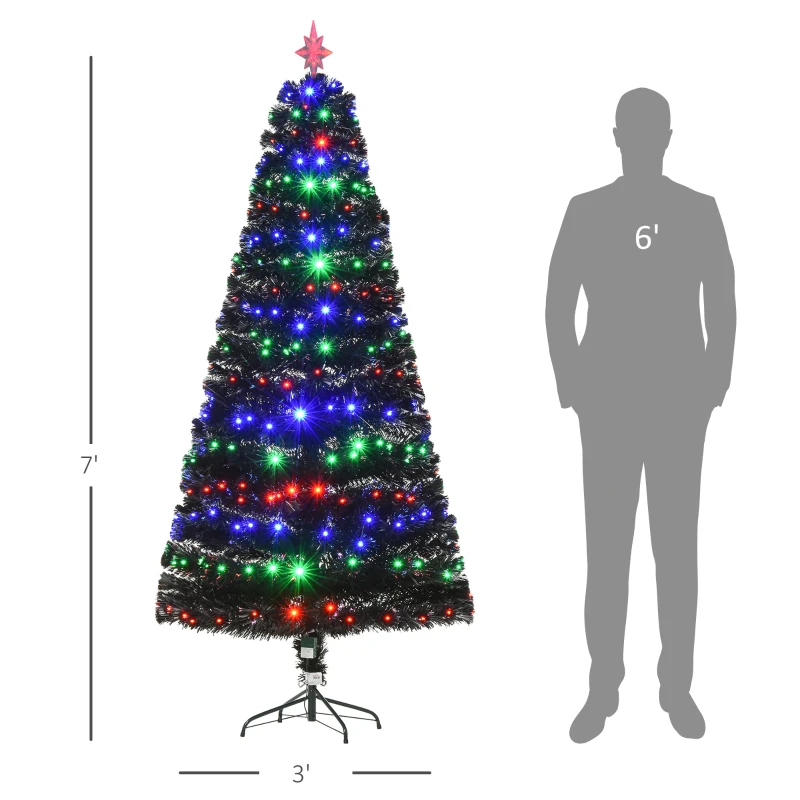 HOMCOM 7ft Prelit Artificial Christmas Tree with LED Lights, Multicolored Fiber Optics and Realistic Branch Tips, Black