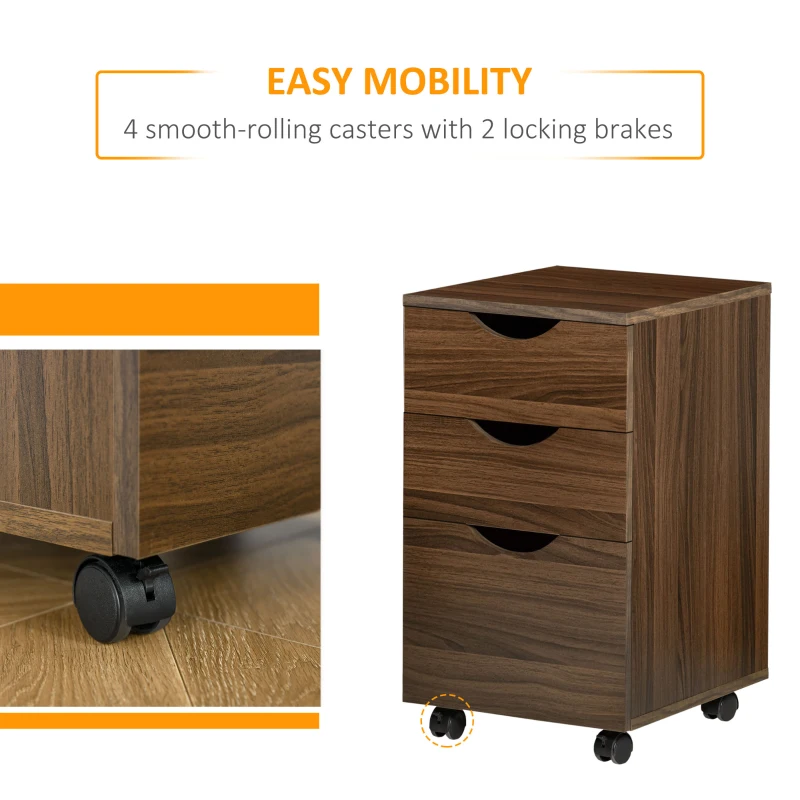 HOMCOM 3 Drawer Mobile File Cabinet with Wheels, Wood Filing Cabinet for Home Office, Rolling Under Desk Cabinet, Brown Wood Grain