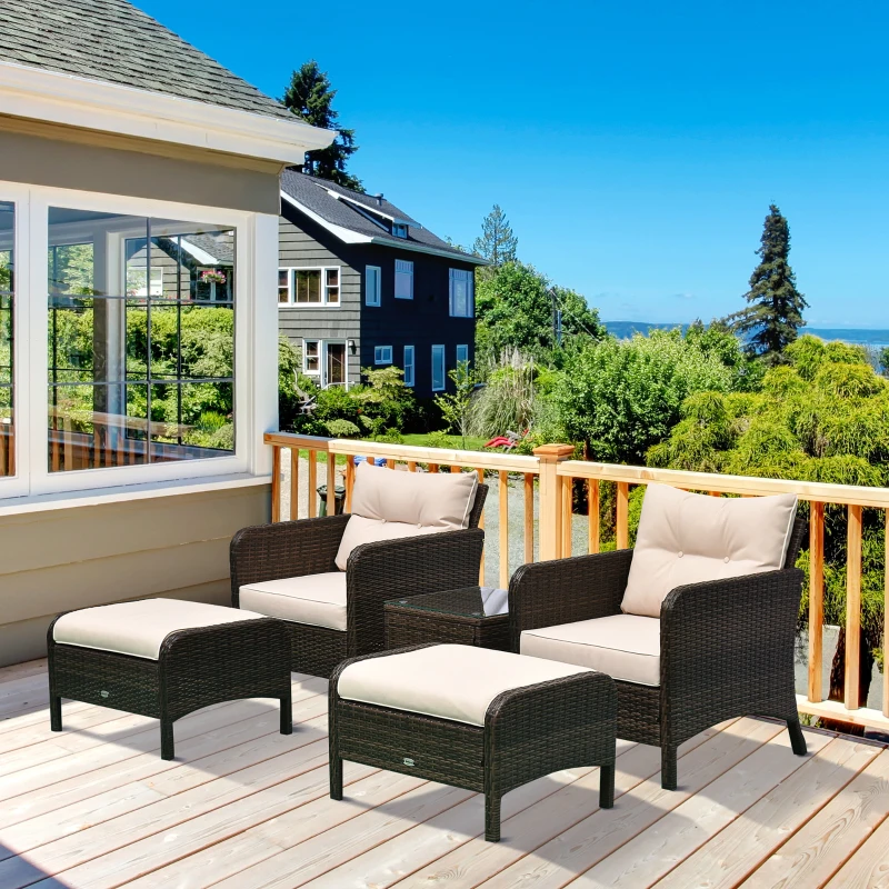 Outsunny 5 Pieces Rattan Wicker Lounge Chair Outdoor Patio Conversation Set with 2 Cushioned Chairs, 2 Ottomans and Tempered Glass Top Coffee Table