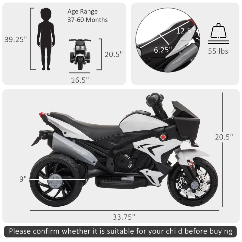 Aosom Kids Electric Pedal Motorcycle Ride-On Toy 6V Battery Powered w/ Music Horn Headlights Motorbike for 37–60 M White