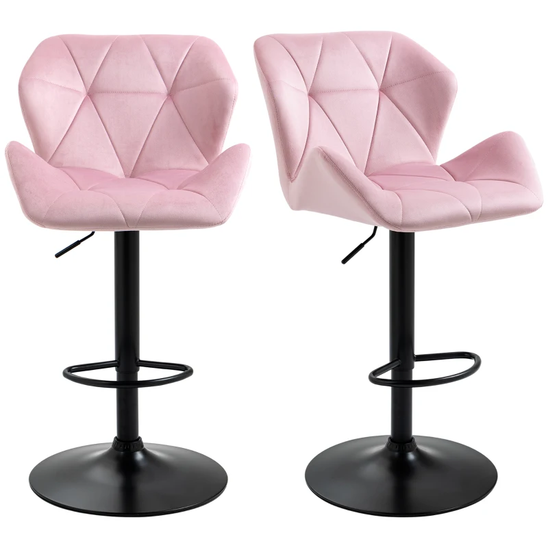 HOMCOM Velvet-Touch Bar Stool Set of 2 Fabric Adjustable Height Armless Counter Chairs with Swivel Seat, Pink