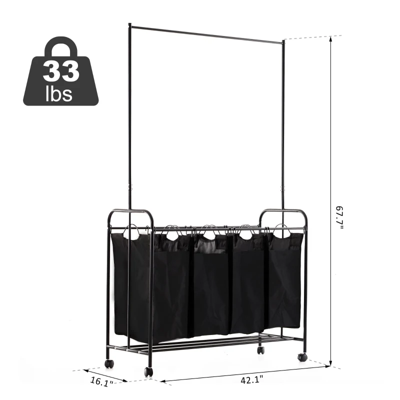 HOMCOM 4-Bag Rolling Laundry Sorter Cart Heavy Duty with Hanging Bar Large Washing Bag and Wheels Laundry Storage Black