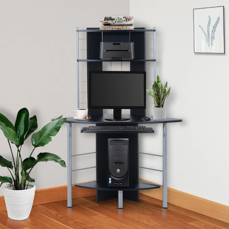 HomCom 45" Arch Tower Compact Modern Corner Computer Workstation Desk With Keyboard Tray And Shelves - Black
