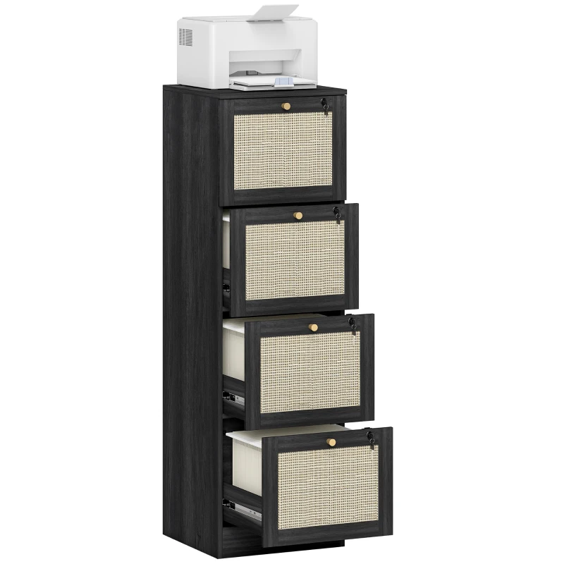 HOMCOM 4 Drawer Filing Cabinet with Lock, Boho File Cabinet for A4 Letter Size Files with Decorative Rattan Accents, Black