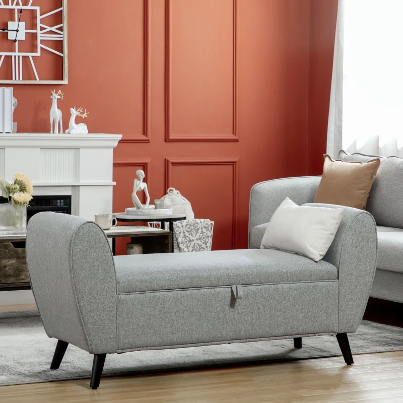 HOMCOM Modern Upholstered Storage Bench with Arms, Linen-Feel Fabric Ottoman Bench for Bedroom Entryway Living Room, Light Gray