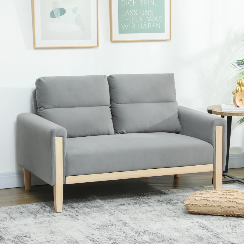 HOMCOM 53" Loveseat Sofa, Small 2 Seater Couch with Solid Wood Legs, Modern Velvet Sofa for Living Room, Small Spaces, Grey