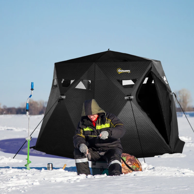 Outsunny 4 Person Insulated Pop-Up Ice Fishing Shelter, 360-Degree View, Portable Ice Fishing Tent Shanty with Carry Bag, Two Doors and Anchors for Low-Temp -22℉, Black
