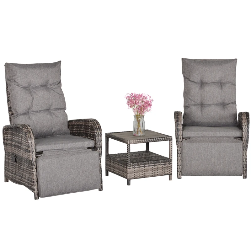 Outsunny 3 PC Rattan Wicker Conversation Patio Set with Side Coffee Table and Adjustable Backrest, Grey