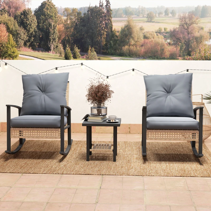 Outsunny 3 Pieces Bistro Set, Patio Wicker Furniture Set with Button Tufted Cushions, Rattan Rocking Chairs, Coffee Table, Gray