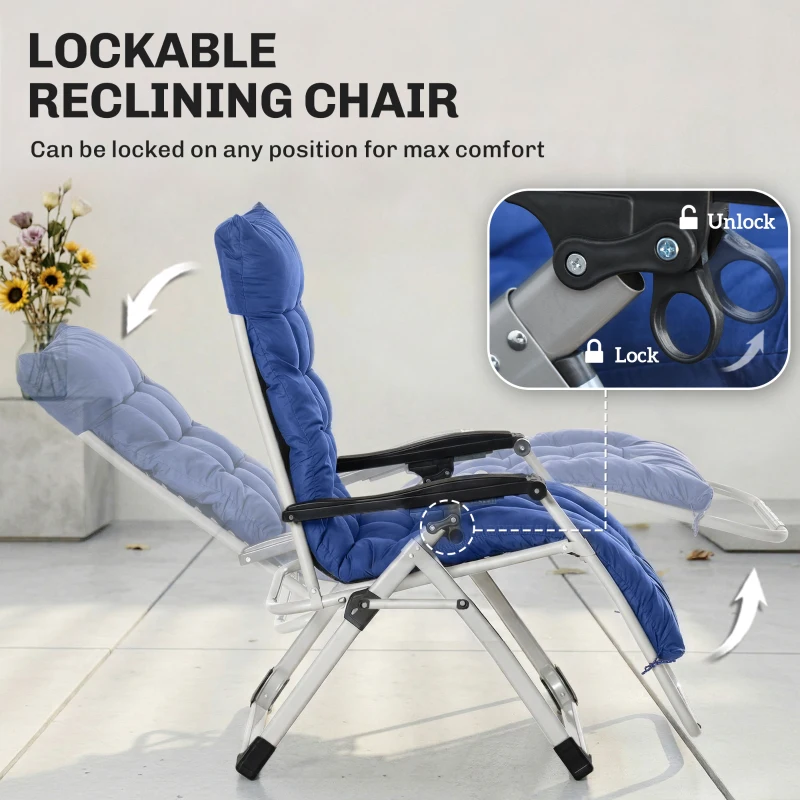 Outsunny Reclining Zero Gravity Chair with Adjustable Backrest, Folding Garden Sun Lounger, Outdoor Recliner with Removable Cushion and Headrest, Dark Blue