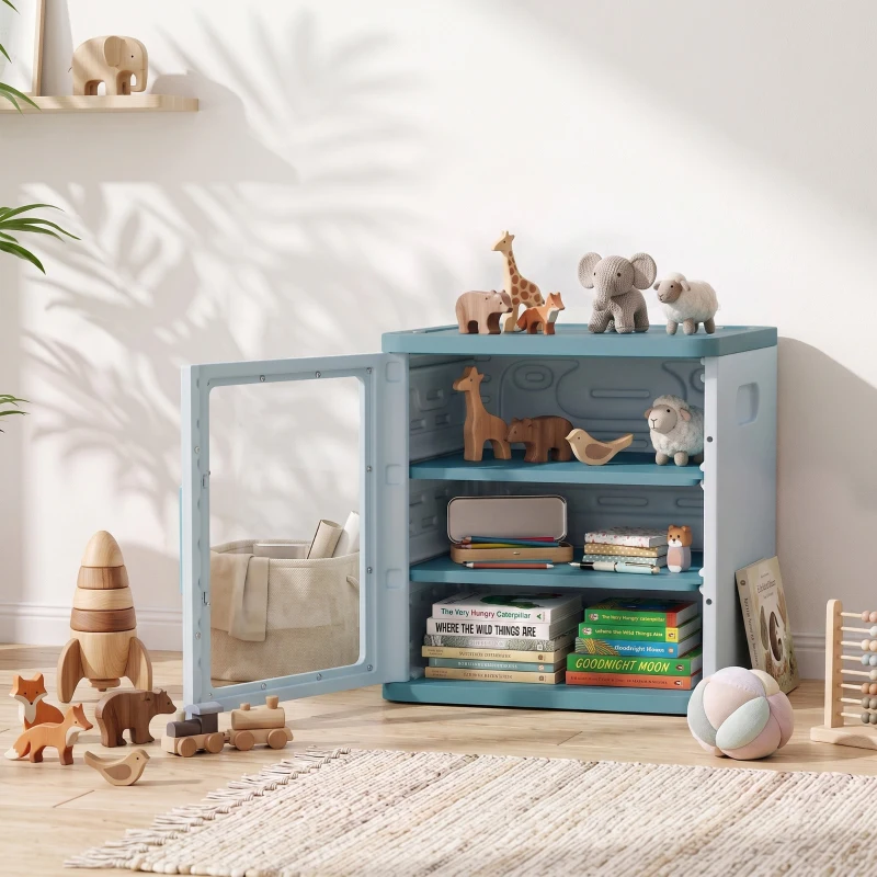 Qaba Toy Storage Organizer, 3 Tier Adjustable Toy Storage Cabinet Dustproof HDPE Plastic, Transparent Door, Light Blue
