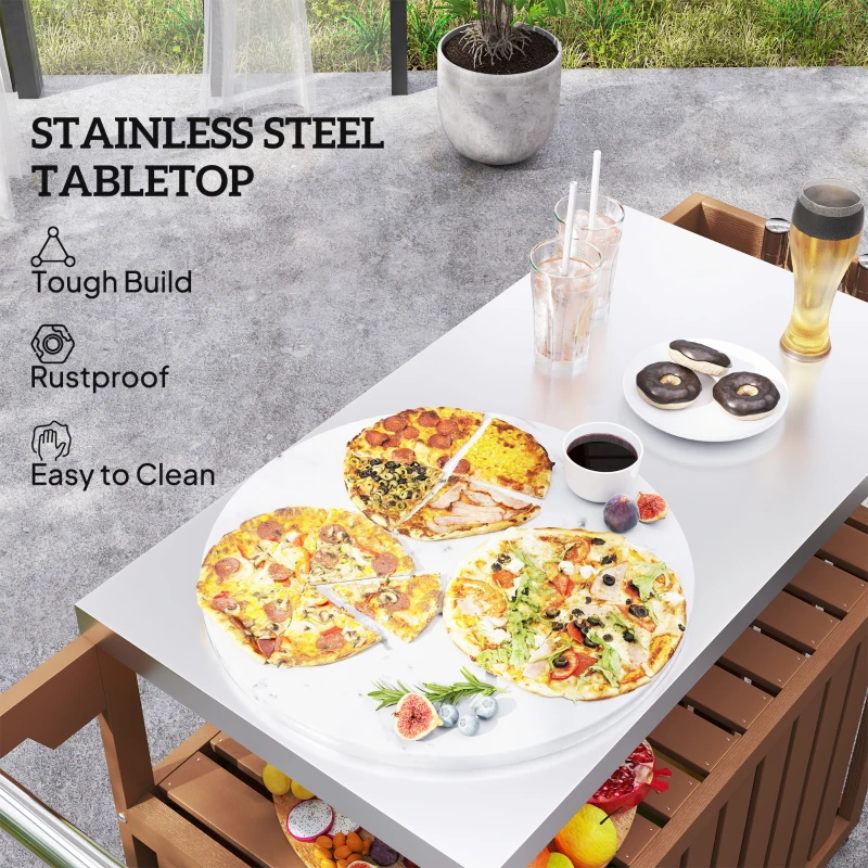 Outsunny Outdoor Bar Cart with Storage, Stainless Steel Outdoor Bar Table Top, Wheeled HDPE Kitchen Island for Food Prep, Brown