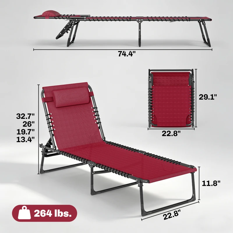 Outsunny Folding Chaise Lounge Pool Chair with 4-Position Reclining Back, Pillow, Breathable Mesh & Bungee Seat, Wine Red