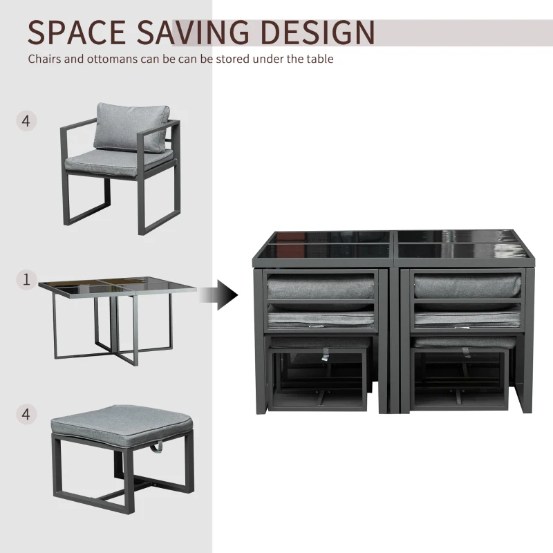 Outsunny 9 Piece Outdoor Patio Dining Set Furniture Set with 4 Chairs, 4 Ottomans, & Glass Table with Cushions & Aluminum Frame