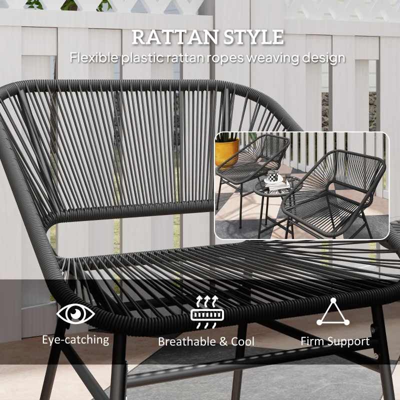 Outsunny 3 Piece Bistro Set, Wicker Outdoor Patio Furniture Set with Glass Top Table, Cushions for Balcony, Porch, Black