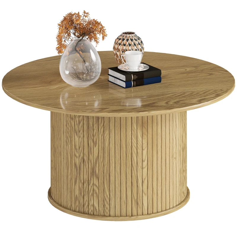 HOMCOM 31.5" Round Coffee Table, Nordic Style Center Table with Fluted Cylindrical Base for Living Room, Oak