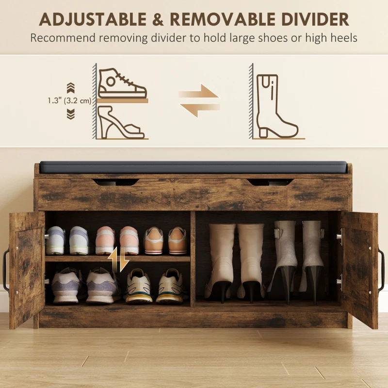 HOMCOM Shoe Storage Bench, Entryway Bench with 2-Tier Cabinet, Flip-Top Storage, Padded Cushion for Hallway, Rustic Brown
